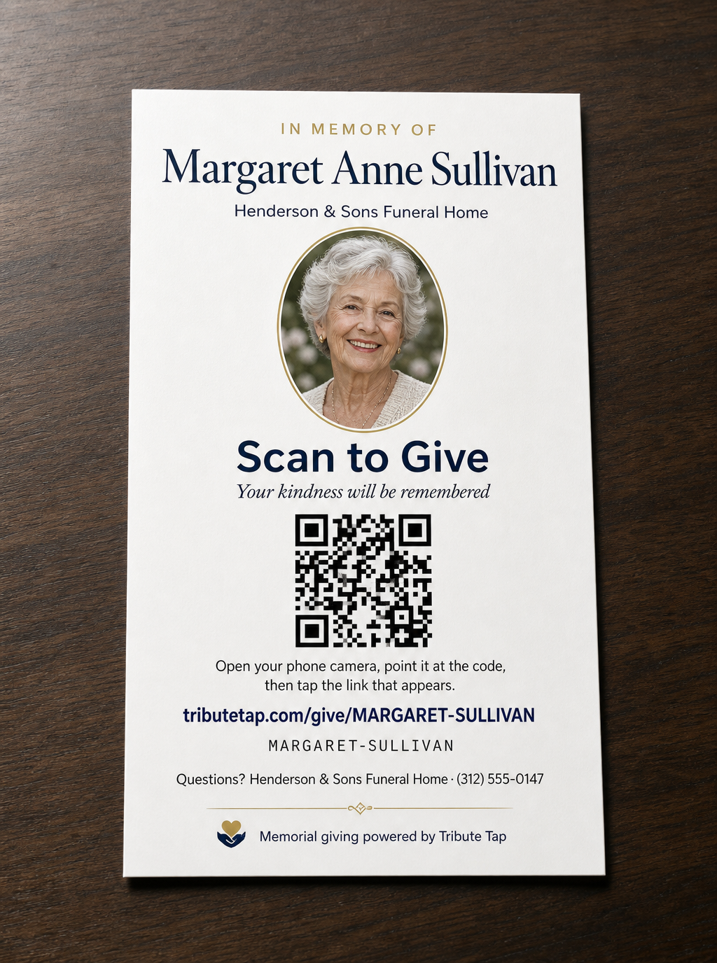 Example of a printed memorial giving card with a photo, QR code, and giving link